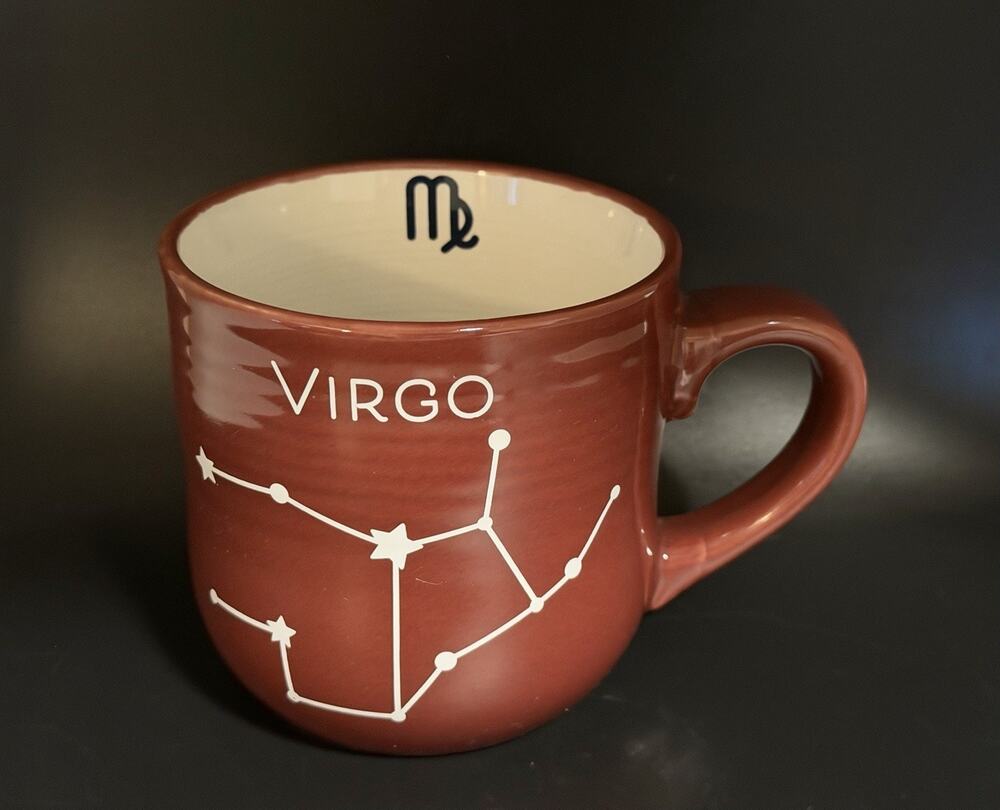 14oz Brown Virgo Zodiac Mug w White Constellation Graphic and Inner Rim Symbol